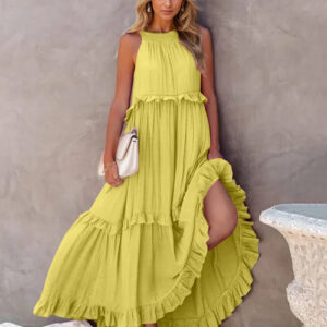 Ruffled Sleeveless Tiered Maxi Dress with Pockets