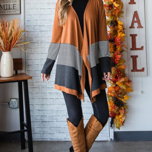 Orange Colorblock Striped Patchwork Open Cardigan