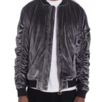 Velour Cinch Sleeve Bomber Jacket