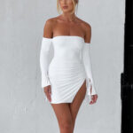 Chic Off-Shoulder Bodycon Skirt with Elegant Slits and Drawstring